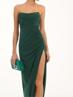 Lucy in the Sky Strapless Dark Green Ruched Side-Slit Gown